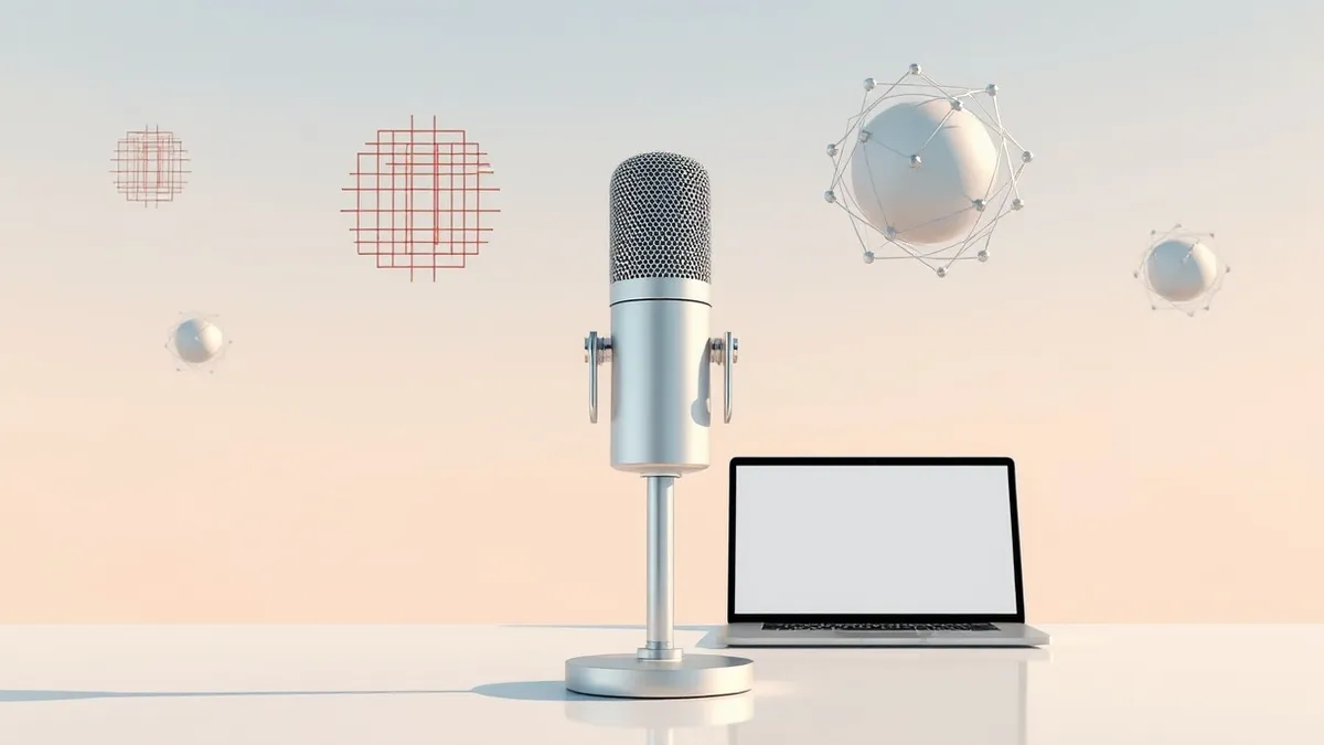 Illustration: A sleek silver microphone stands on a polished desk surrounded by floating abstract geometric shapes representing neural networks.