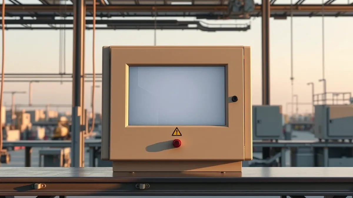 Illustration: A beige industrial control terminal sits on a metal workbench in a factory setting, its blank screen displaying only abstract geometric shapes.