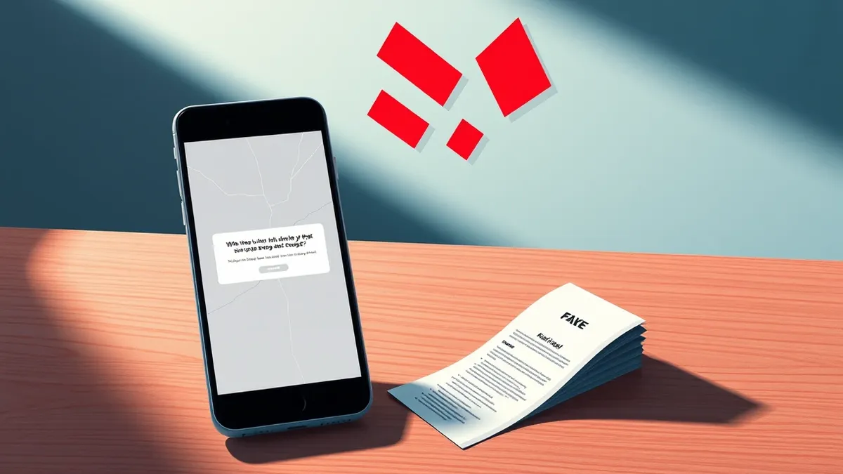 Illustration: A cracked smartphone screen displays a fake message interface with abstract red warning shapes floating above it.
