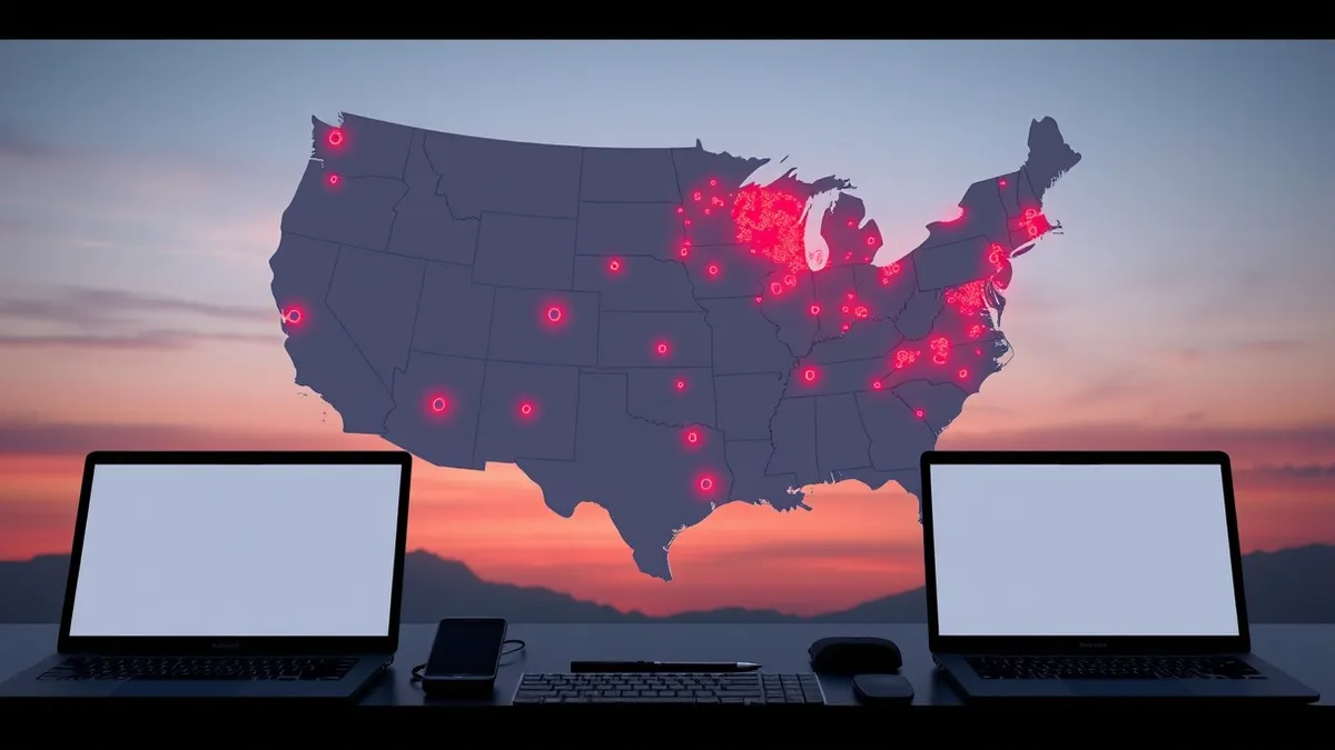 Illustration: A digital map of the United States shows glowing red dots clustering over Washington, D.C., and major city hubs.