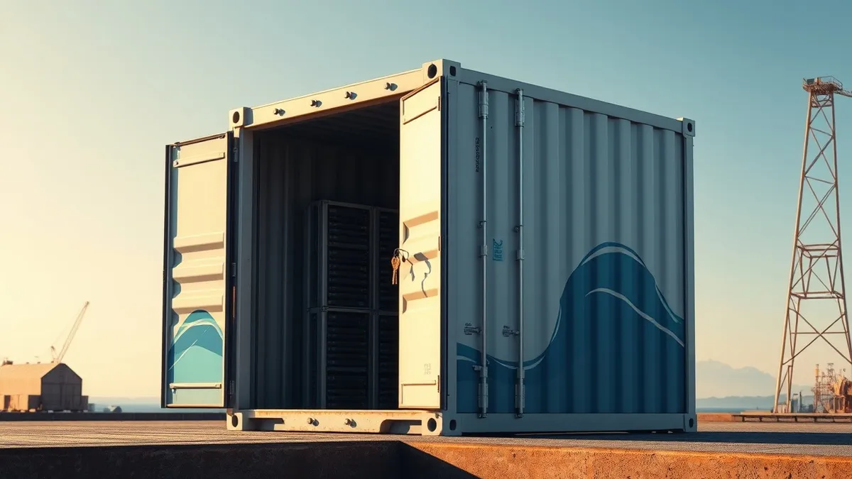 Illustration: A shipping container sits on a industrial dock, its side painted with abstract blue waves.