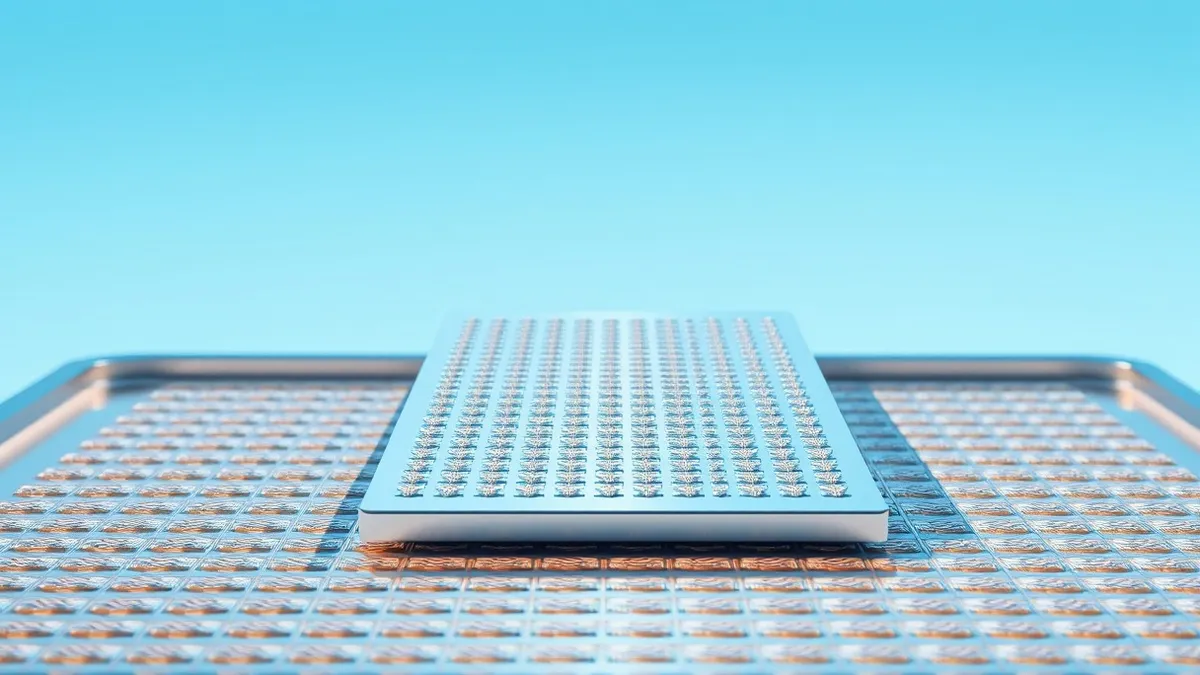 Illustration: A polished silicon interposer rests on a cleanroom wafer tray.