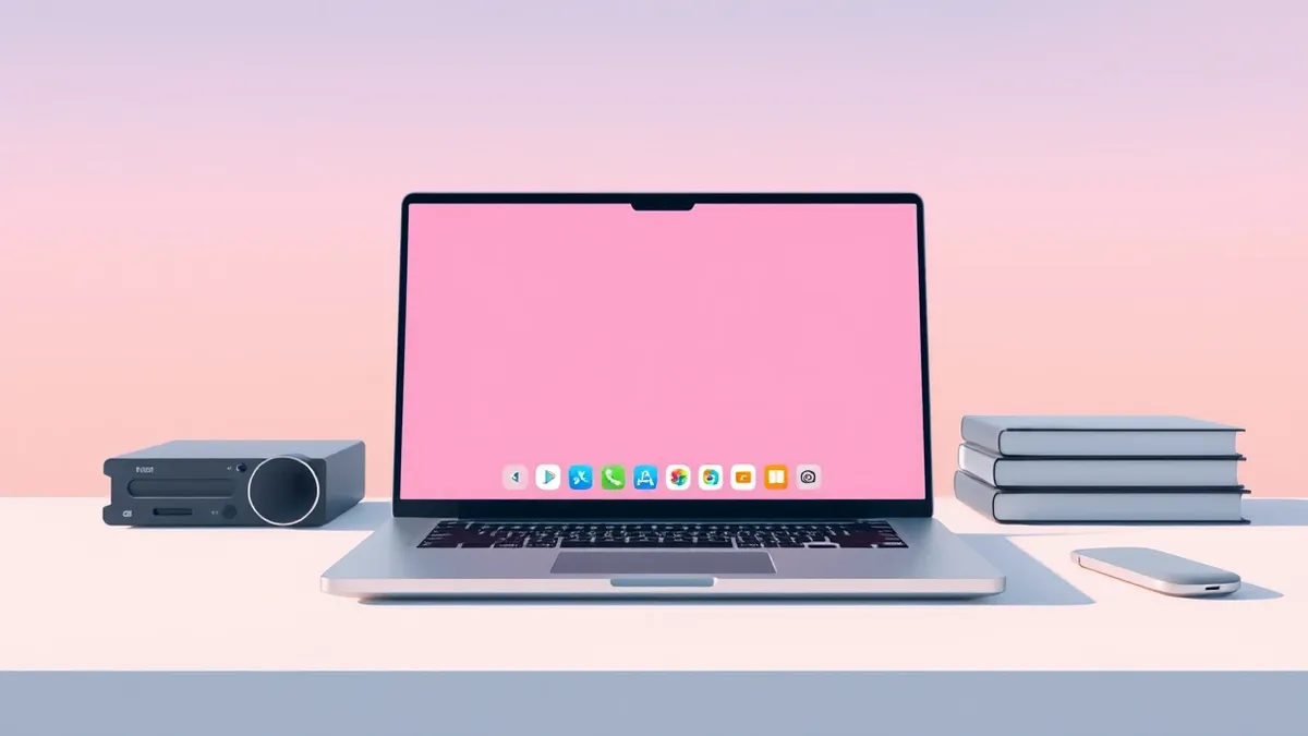 Illustration: A sleek laptop rests on a clean desk, its screen displaying a simplified interface with large colorful icons reminiscent of mobile apps.