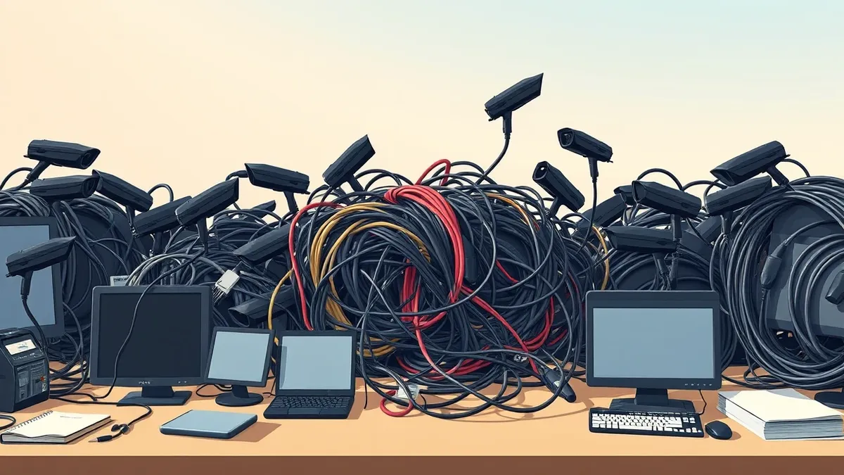 Illustration: A cluttered desk holds many identical black security scanners, each tangled in its own distinct colored cable.