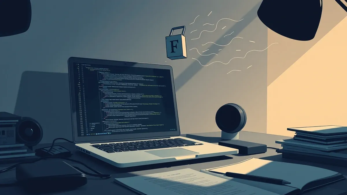 Illustration: A sleek laptop sits open on a cluttered desk, displaying a code editor interface filled with abstract monospaced lines.
