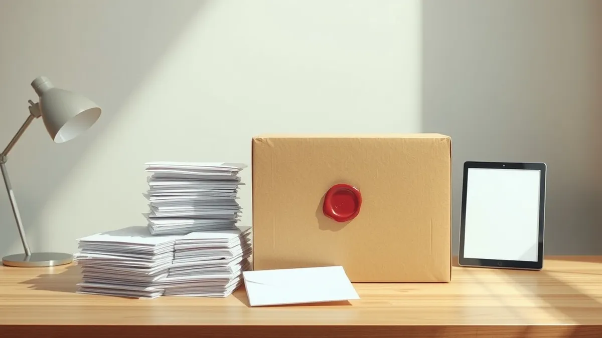 Illustration: A thick stack of blank white envelopes sits in a neat pile beside a large, sealed cardboard box.