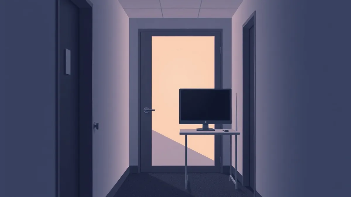 Illustration: A quiet municipal office hallway features a single closed door with a small peeling seal on the handle.