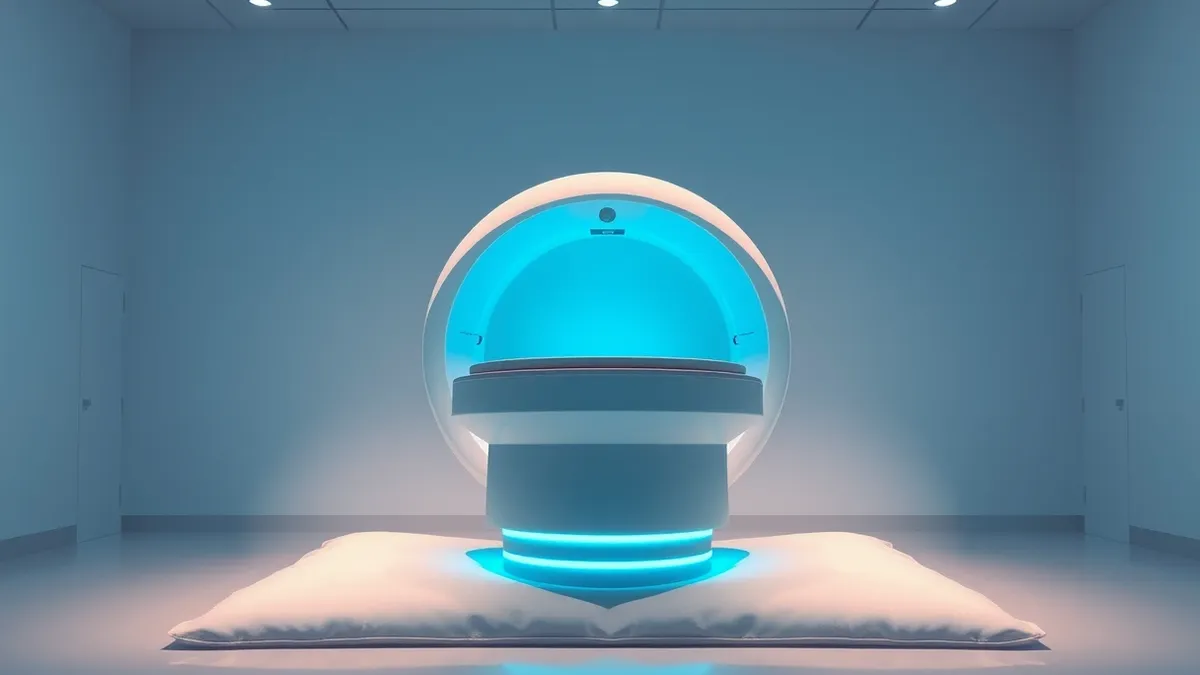 Illustration: A sleek, white neural imaging scanner sits in a sterile laboratory.
