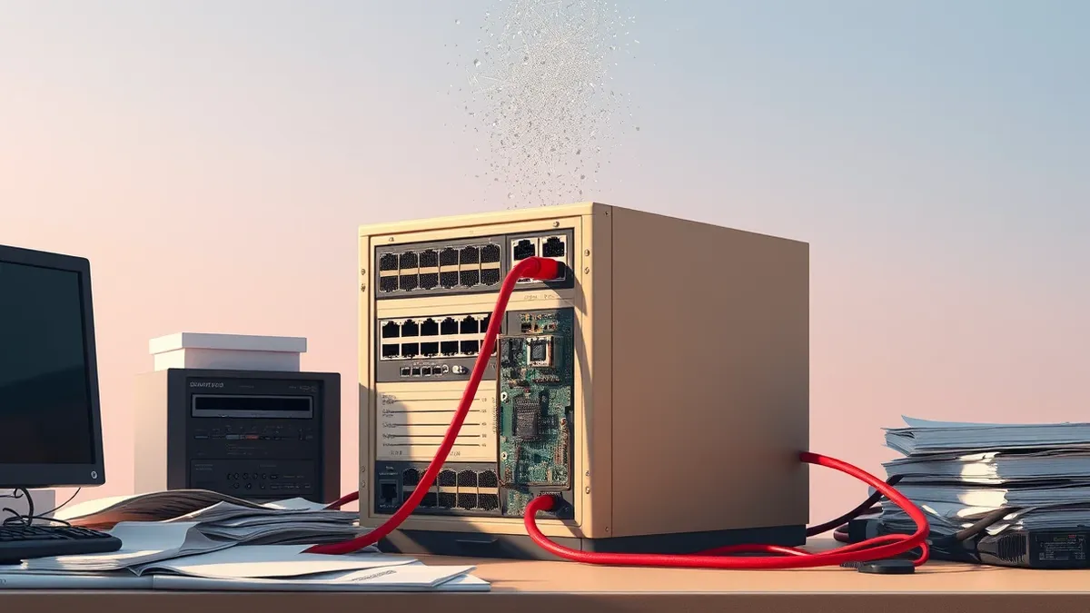 Illustration: A beige network appliance sits on a cluttered office desk.