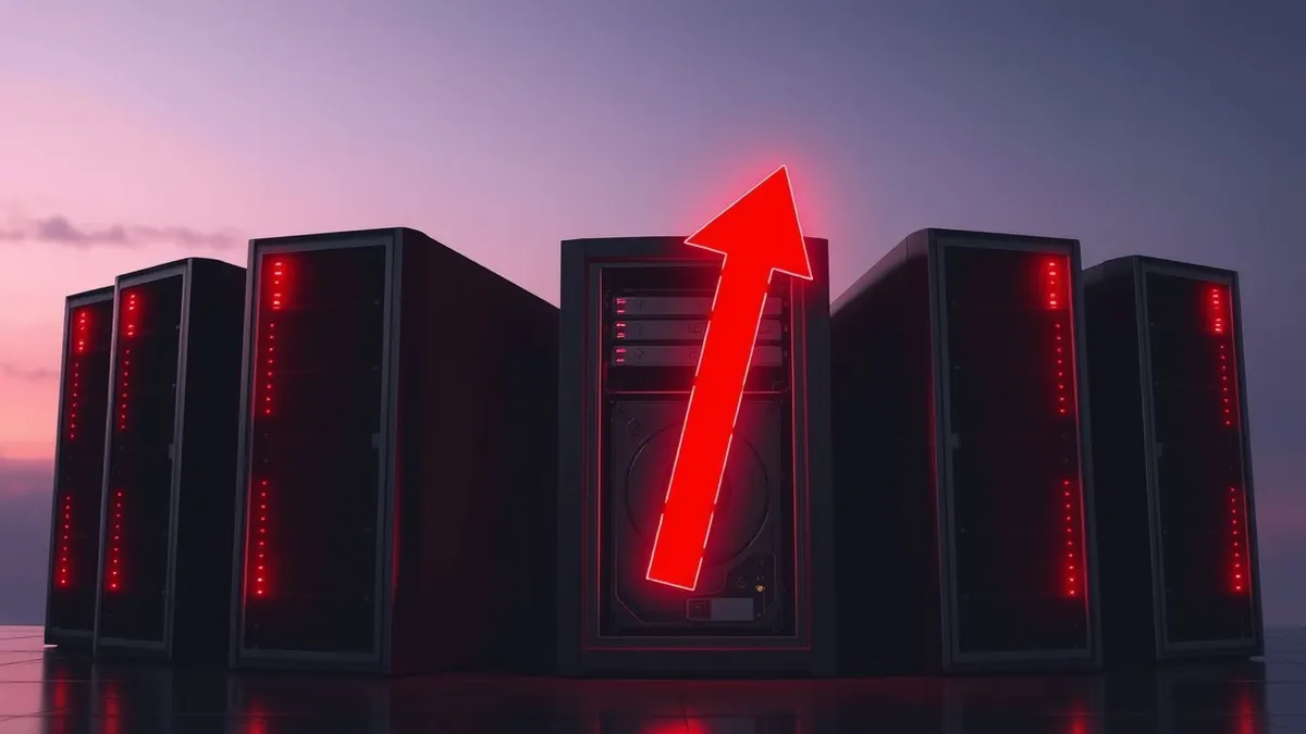 Illustration: A cluster of sleek, black server blades sits in a dark room, their status lights blinking urgently in red.
