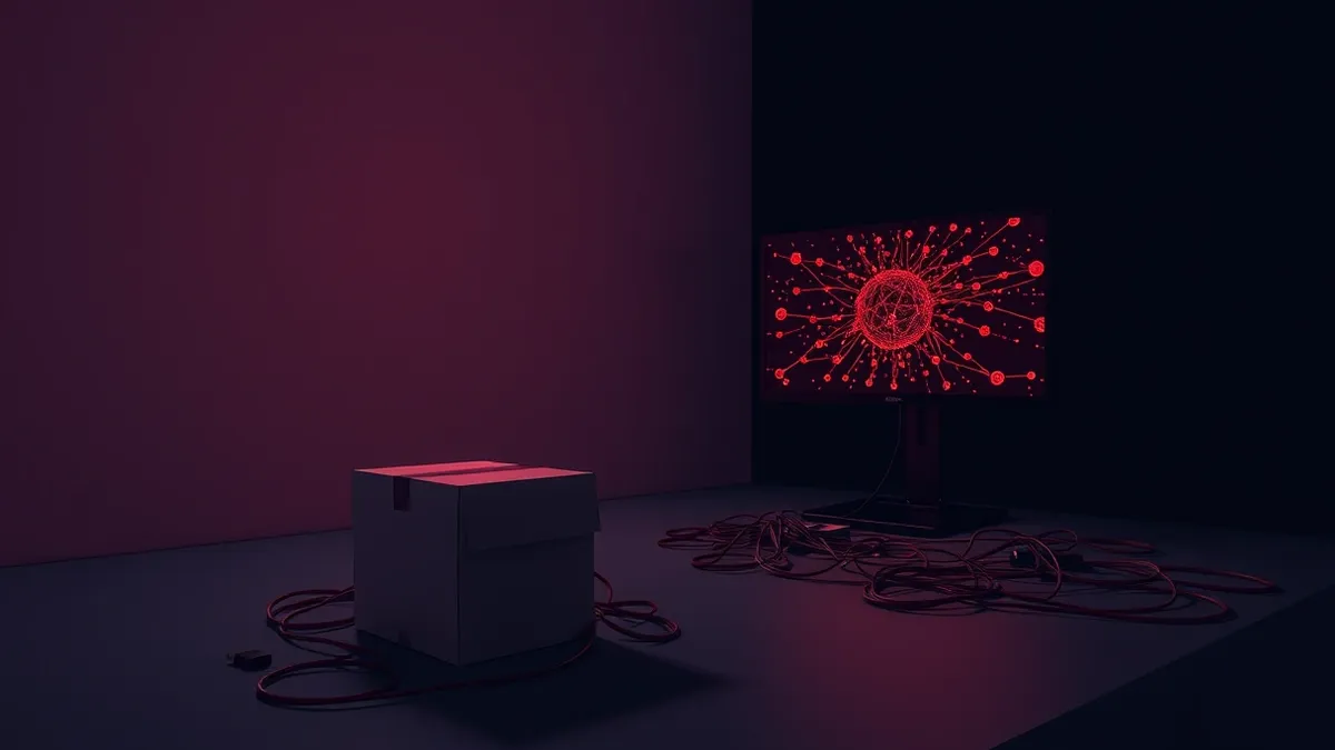 Illustration: A dark room glows with the light of a single desktop monitor displaying abstract red network nodes.
