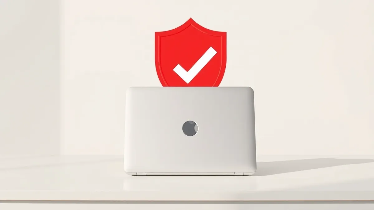 Illustration: A silver laptop sits closed on a clean white desk, its lid adorned with a subtle metallic key icon.
