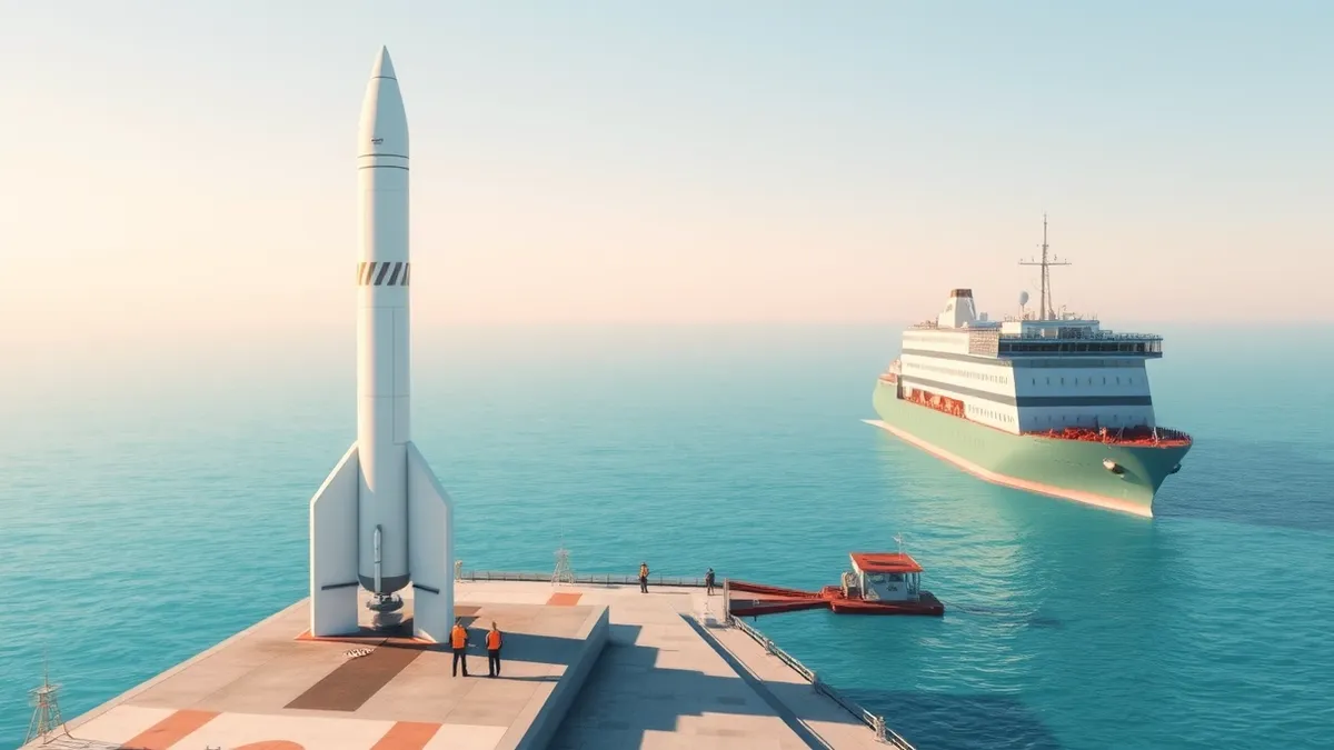 Illustration: A sleek white rocket stands upright on a concrete launch pad beside the ocean.