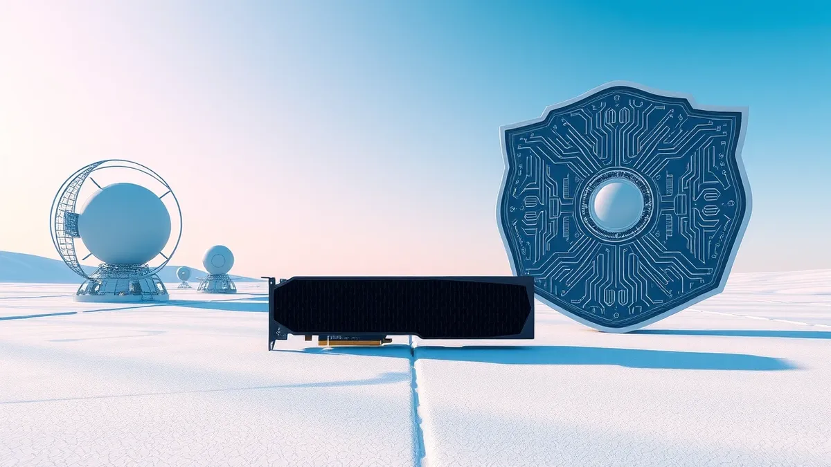 Illustration: A sleek black GPU module rests on a split surface.