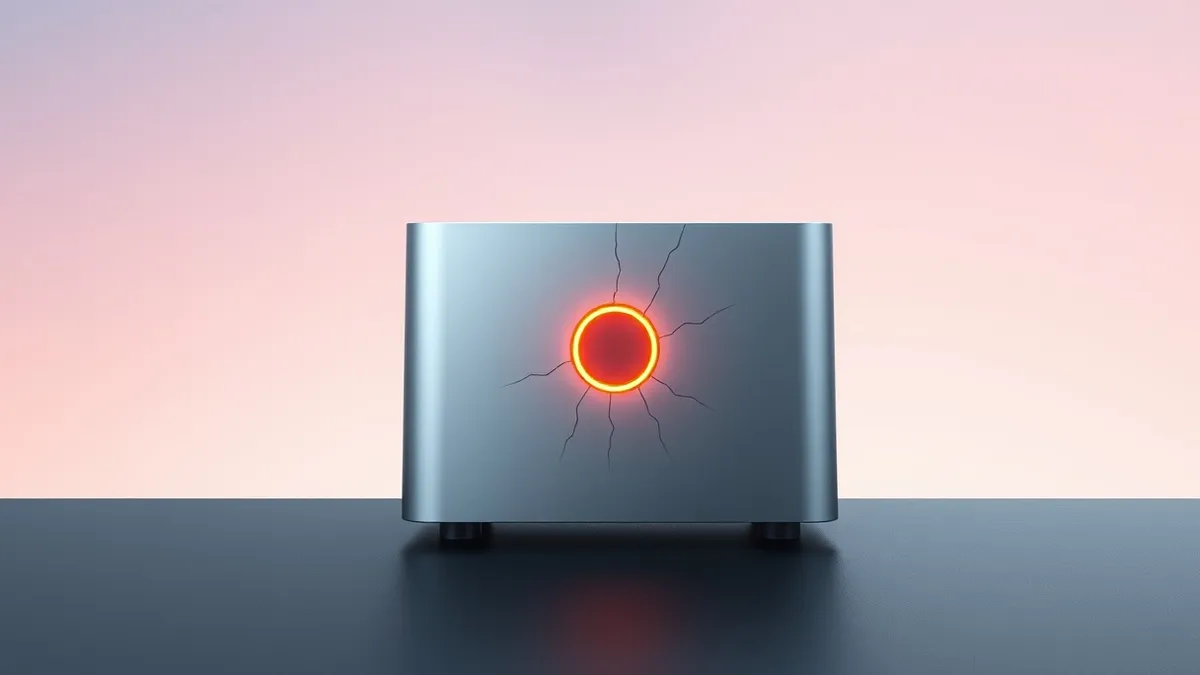 Illustration: A sleek, silver network gateway device sits isolated on a dark surface.