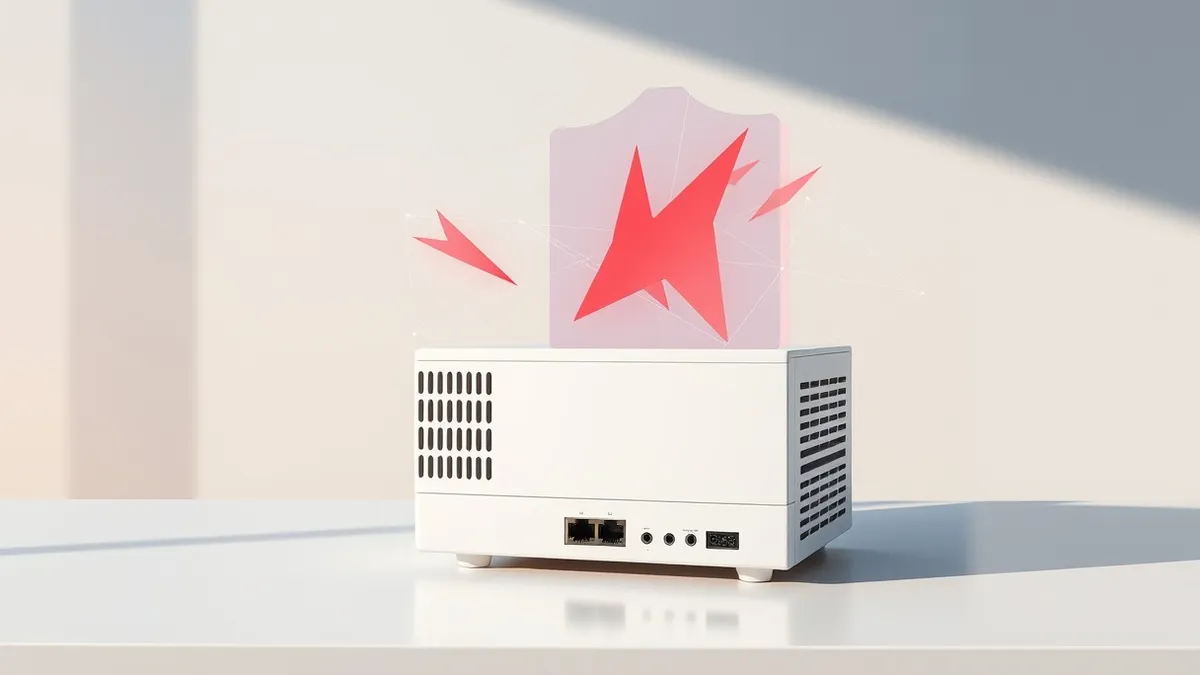 Illustration: A white network firewall appliance sits on a clean desk with its ventilation grilles visible.