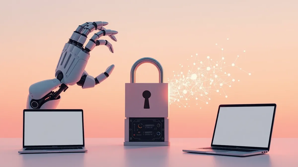 Illustration: A sleek robotic hand hovers over a complex digital lock, while a stream of glowing abstract shapes weaves through the mechanism to bypass the security barrier, illust