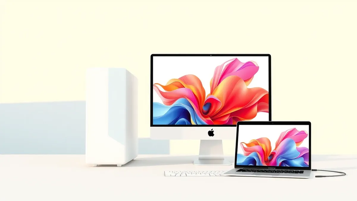 Illustration: A sleek white desktop computer sits beside a closed laptop, displaying vibrant abstract artwork on its monitor.