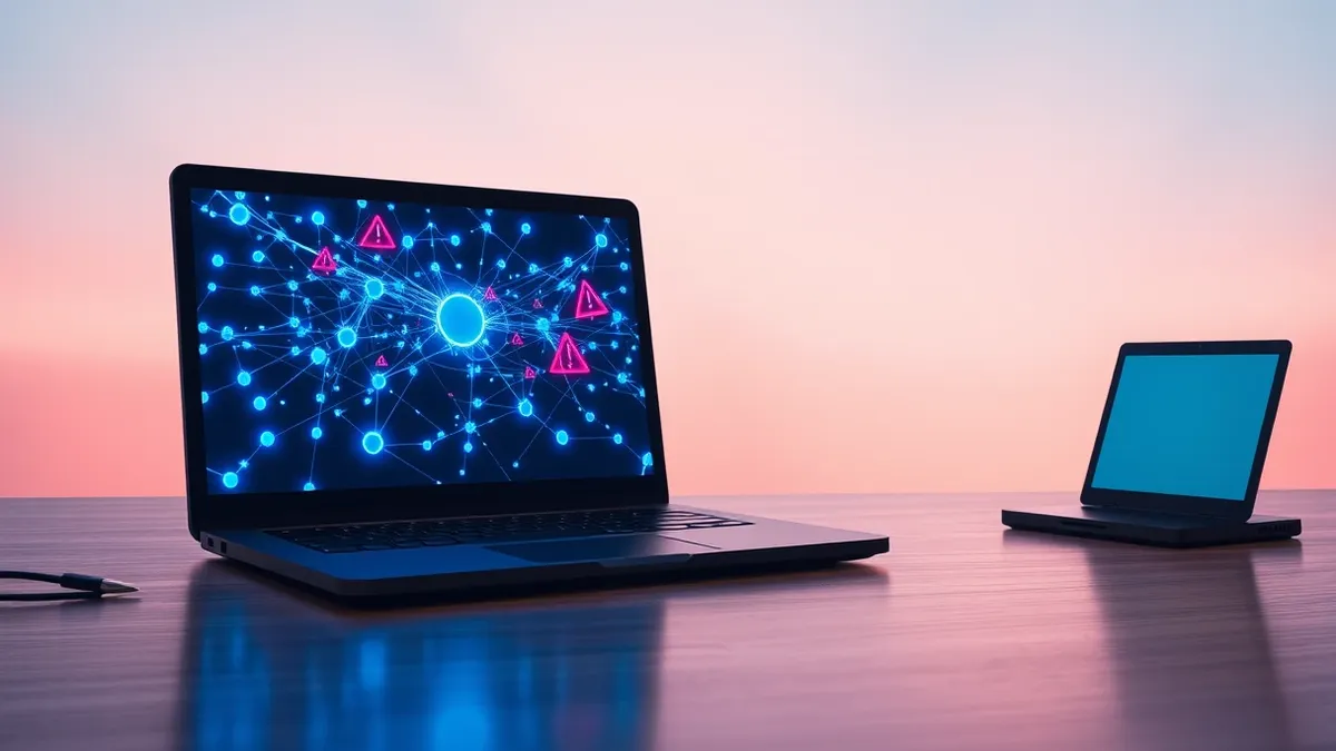 Illustration: A sleek black laptop sits on a wooden desk, its screen displaying a complex network of glowing blue nodes and connecting lines.