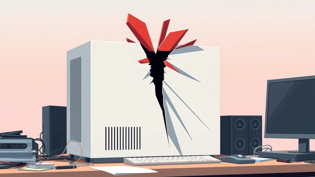 Illustration: A sleek white server box sits on a cluttered desk, its single ventilation slot cracked open by a jagged, dark fissure.