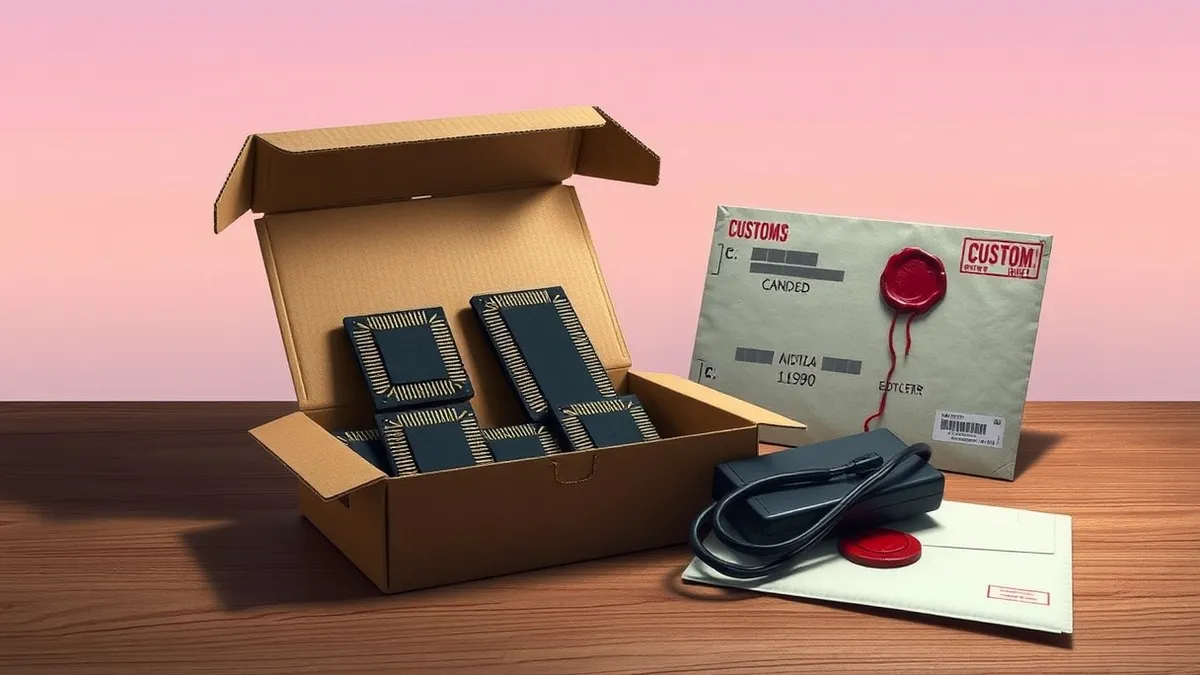 Illustration: An open cardboard box sits on a wooden desk, containing several dark square microprocessors with gold pins.