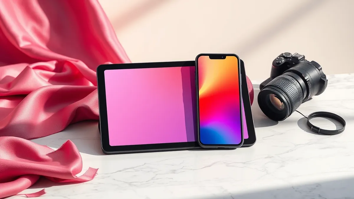 Illustration: A sleek tablet and a large smartphone rest on a marble table beside a spool of vibrant silk fabric.