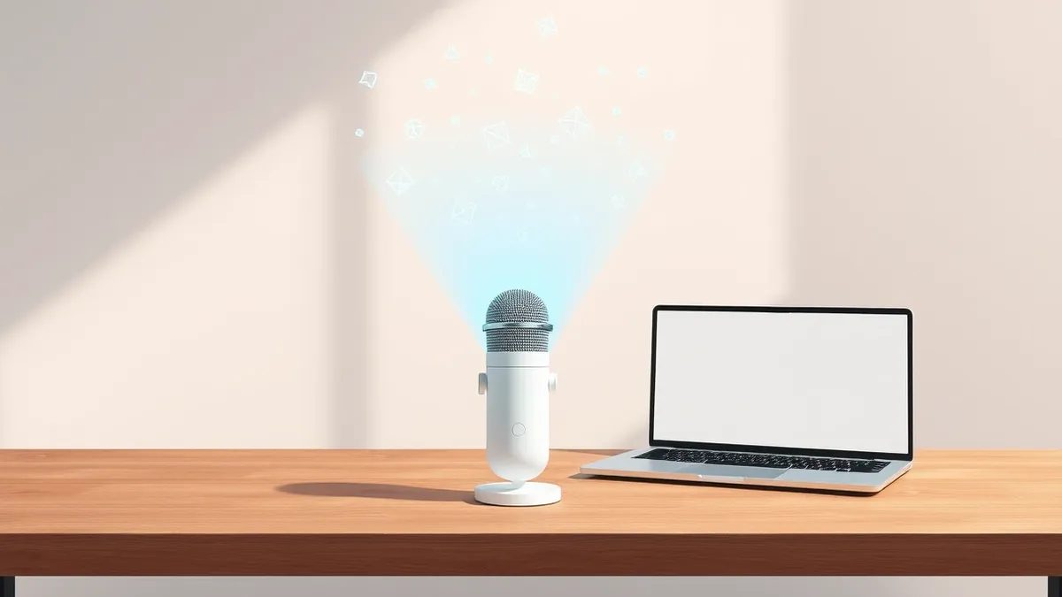 Illustration: A sleek white microphone sits on a wooden desk beside a modern laptop.