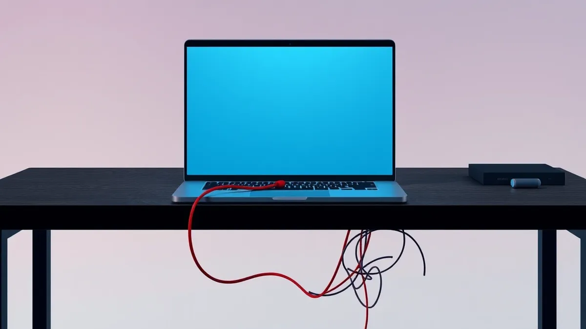 Illustration: A sleek black laptop sits on a dark wooden desk, its blank screen reflecting faint blue light.