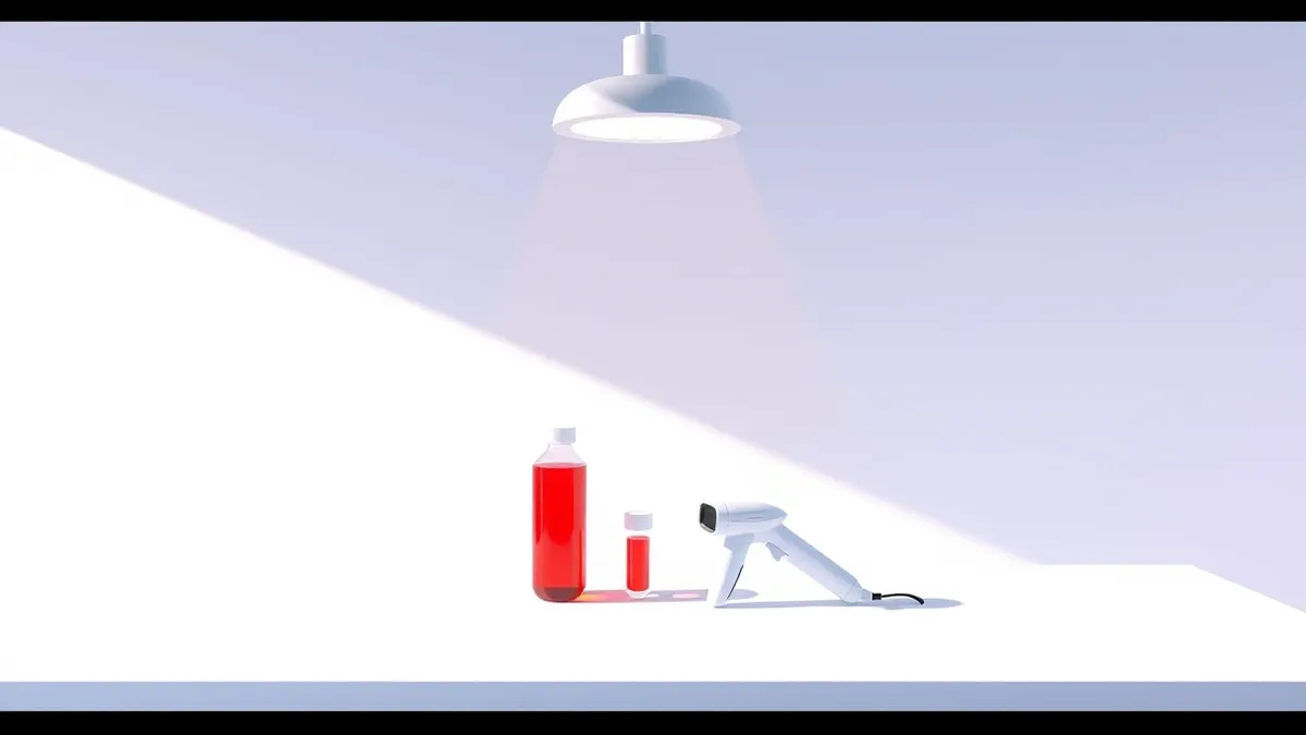 Illustration: A sterile laboratory bench holds a single vial of red liquid next to a sleek white handheld scanner.