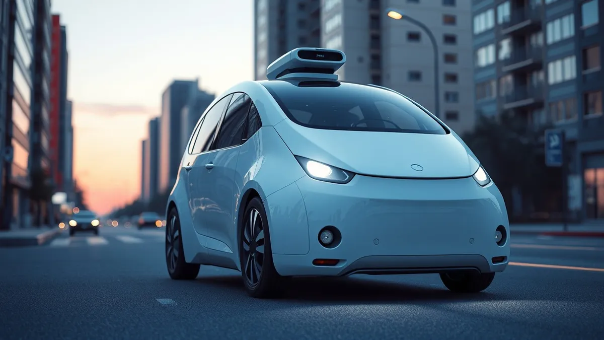 Illustration: A sleek white autonomous robotaxi sits idle on a quiet city street at dusk.
