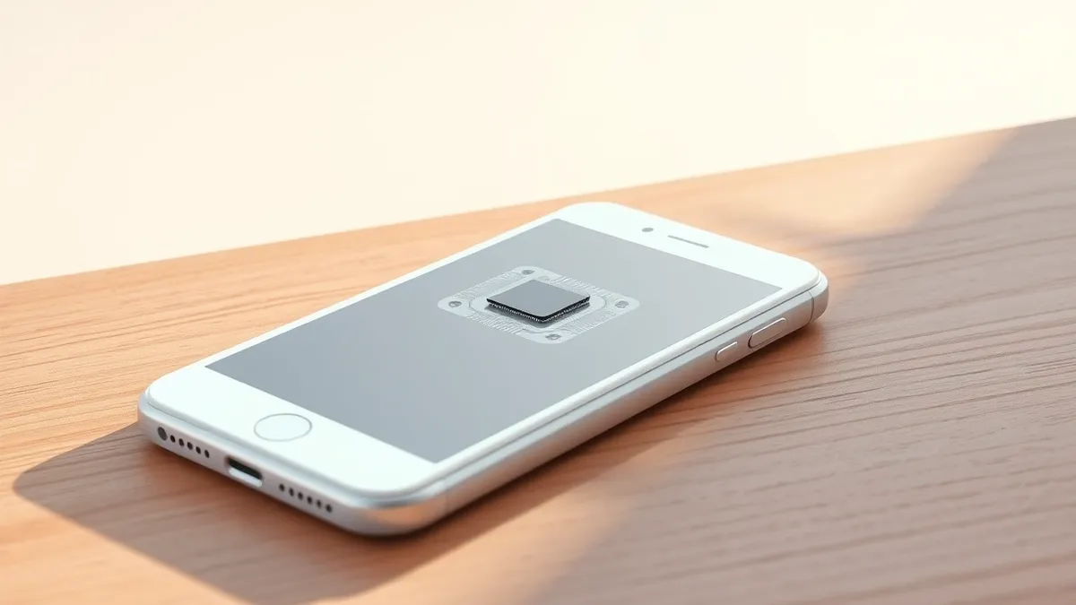 Illustration: A white smartphone rests on a wooden desk with its back facing up.