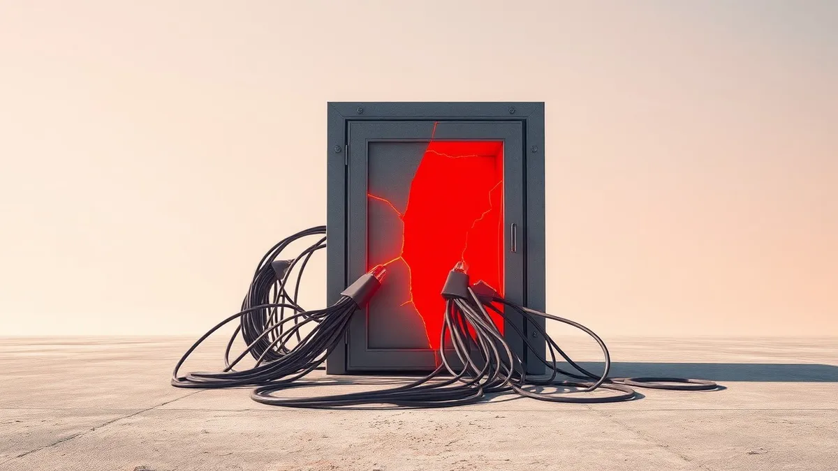 Illustration: A rugged gray network gateway sits isolated on a concrete floor.