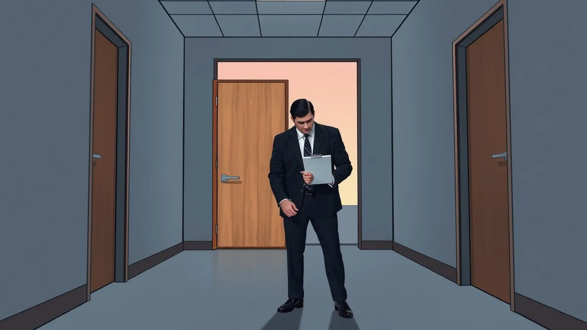 Illustration: A federal agent in a dark suit stands beside a bound executive in a generic office hallway.