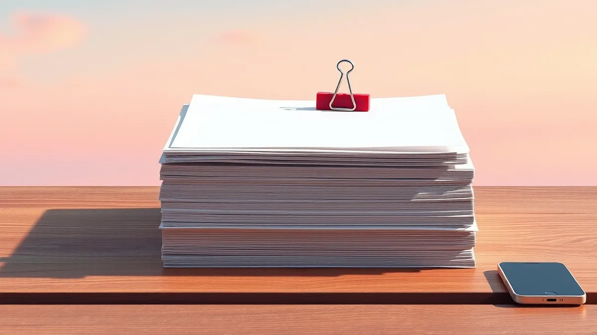 Illustration: A thick stack of blank white papers sits neatly on a wooden desk.