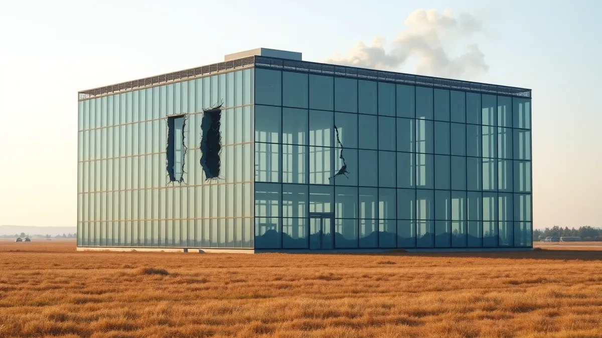 Illustration: A modern glass data center building sits in a field with several large panels blown out of its facade.