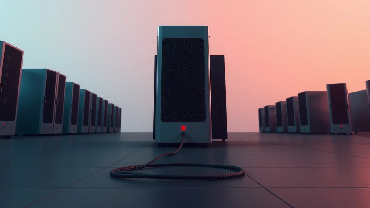 Illustration: A sleek silver server unit sits isolated in a dark server room, its status lights blinking an urgent red.