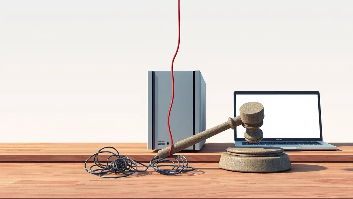 Illustration: A sleek silver server sits on a wooden desk, paused beneath the weight of a heavy stone gavel.
