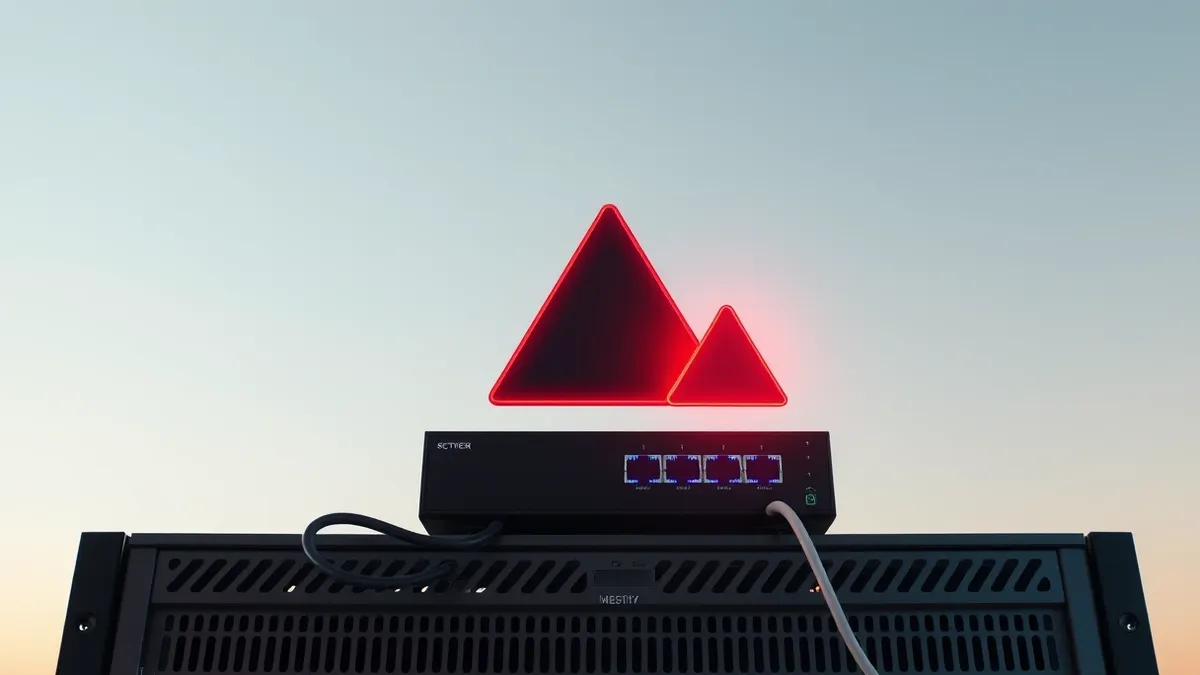 Illustration: A black network router sits on a metal rack with blank blue LED lights.