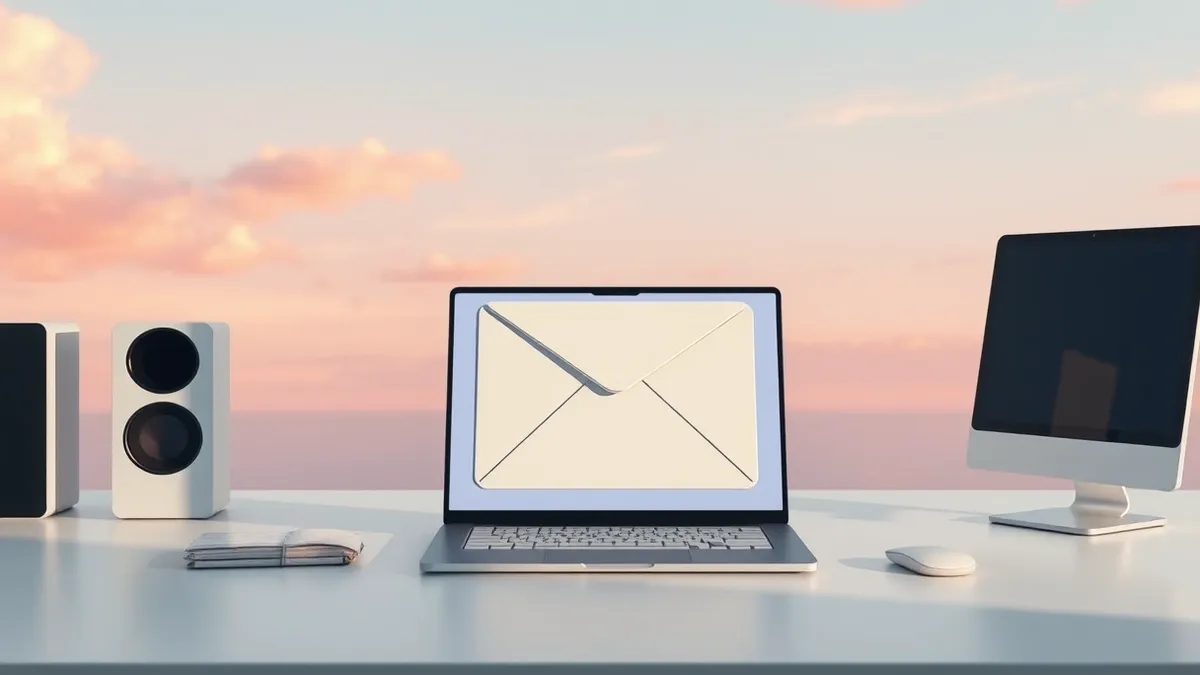 Illustration: A sleek, generic email icon sits calmly on a clean desk surface.