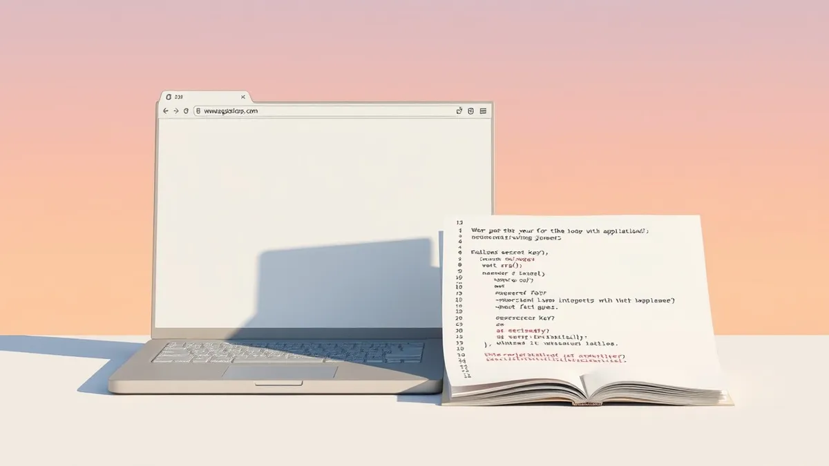 Illustration: A blank web browser window displaying a generic dashboard interface sits on a desk next to an open configuration file.