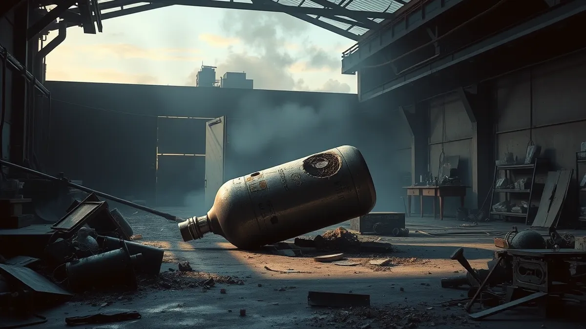 Illustration: A shattered steel gas cylinder lies on its side amidst twisted metal and scattered debris inside a dim industrial workshop, with thick grey smoke lingering in the air