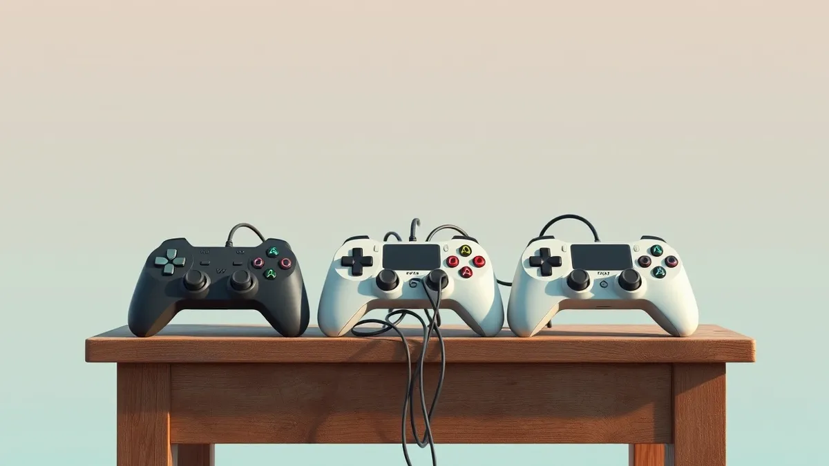 Illustration: Three distinct game controllers sit side by side on a worn wooden table, each connected by tangled cables to a central hub.