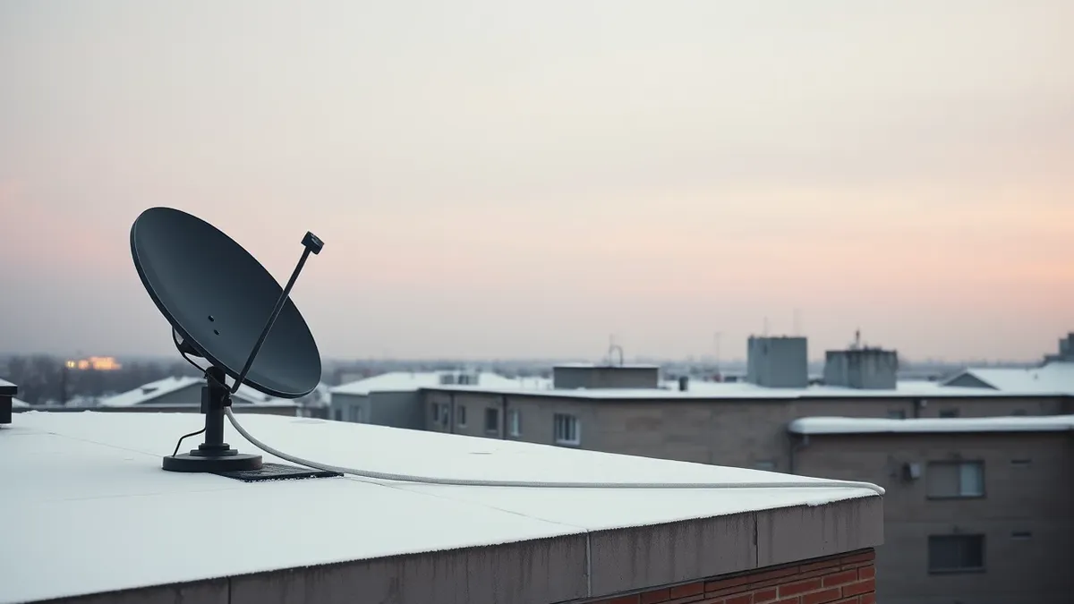 Illustration: A black satellite dish antenna tilts downward on a snowy rooftop in an urban setting, its receiver pointing away from the gray sky.