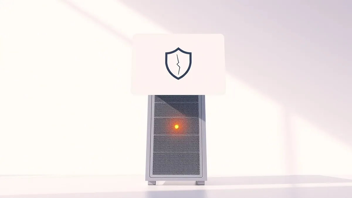 Illustration: A clean metal server tower sits in a quiet room, its front panel displaying a single blinking amber warning light.