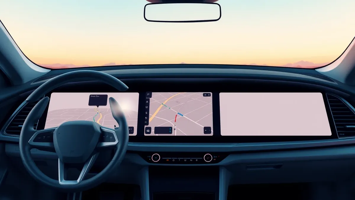 Illustration: A modern car dashboard features a large central touchscreen displaying a minimalist map interface with abstract geometric shapes representing routes and locations.