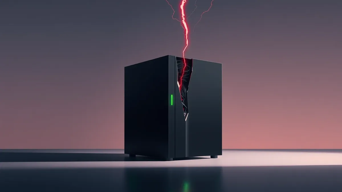 Illustration: A sleek black server sits in a dimly lit room, its single green status light pulsing steadily.