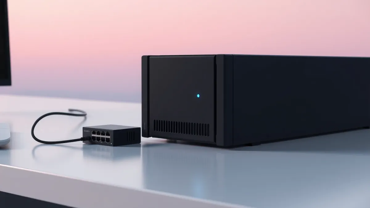 Illustration: A sleek black server blade sits on a clean white desk.