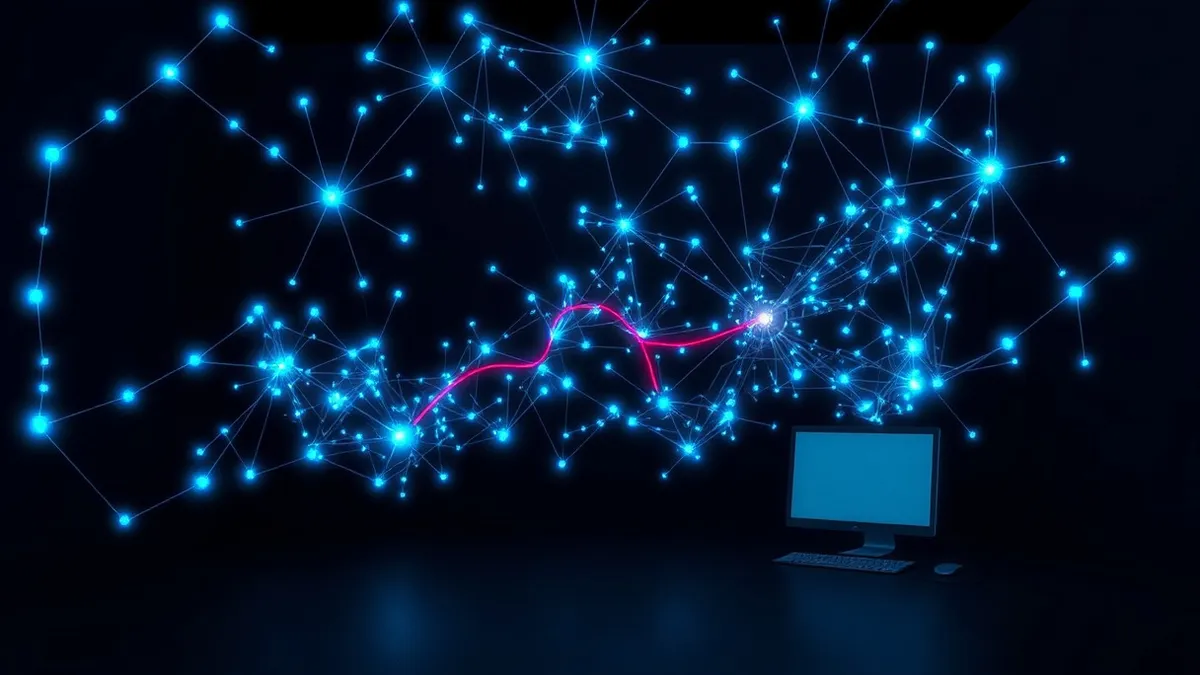 Illustration: A complex web of glowing blue nodes pulses with light inside a dark room, highlighting a single anomalous red thread that deviates from the pattern.