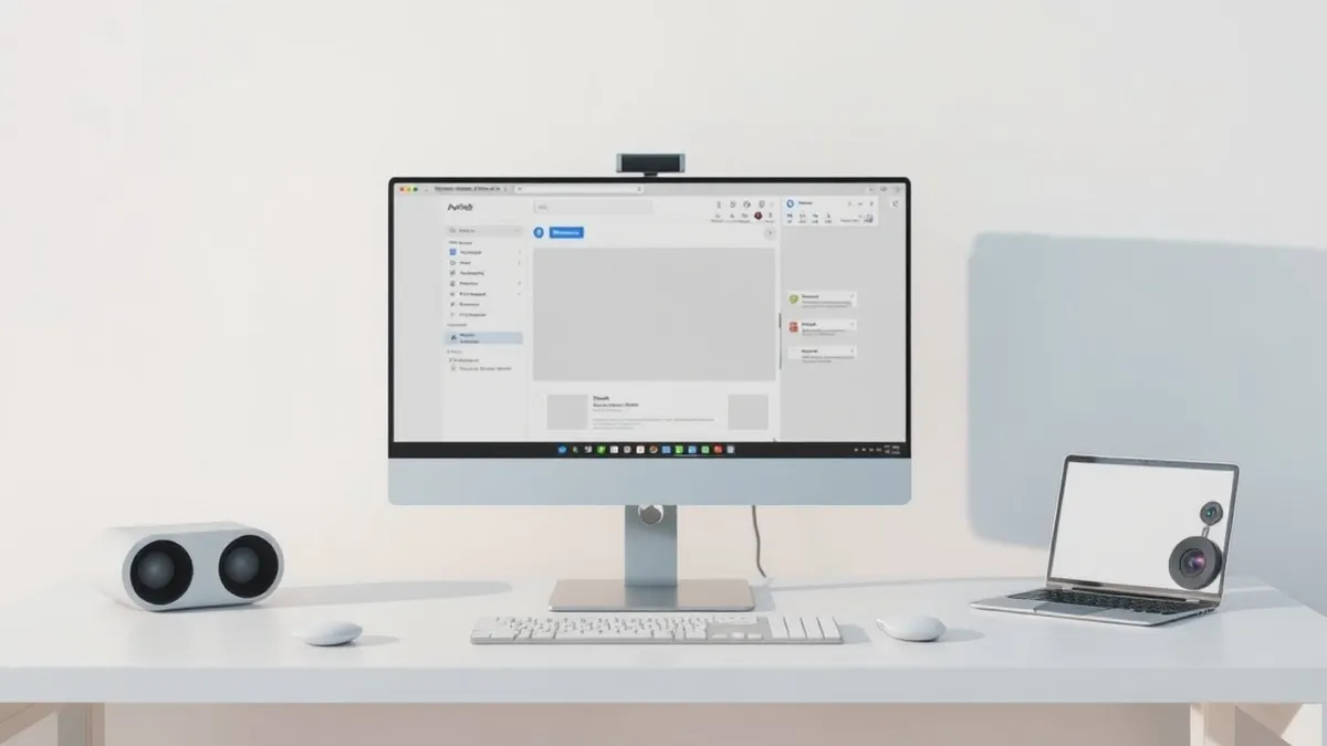 Illustration: A sleek desktop monitor sits on a clean white desk, displaying a blank email client interface with empty sidebar panels and a featureless toolbar, while a subtle fade