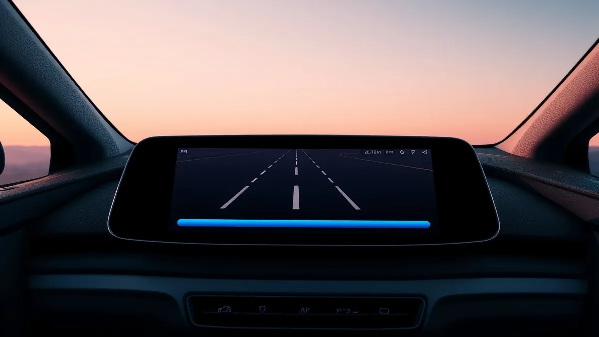 Illustration: A car dashboard display shows a navigation interface with a newly designed progress bar spanning the bottom screen edge.
